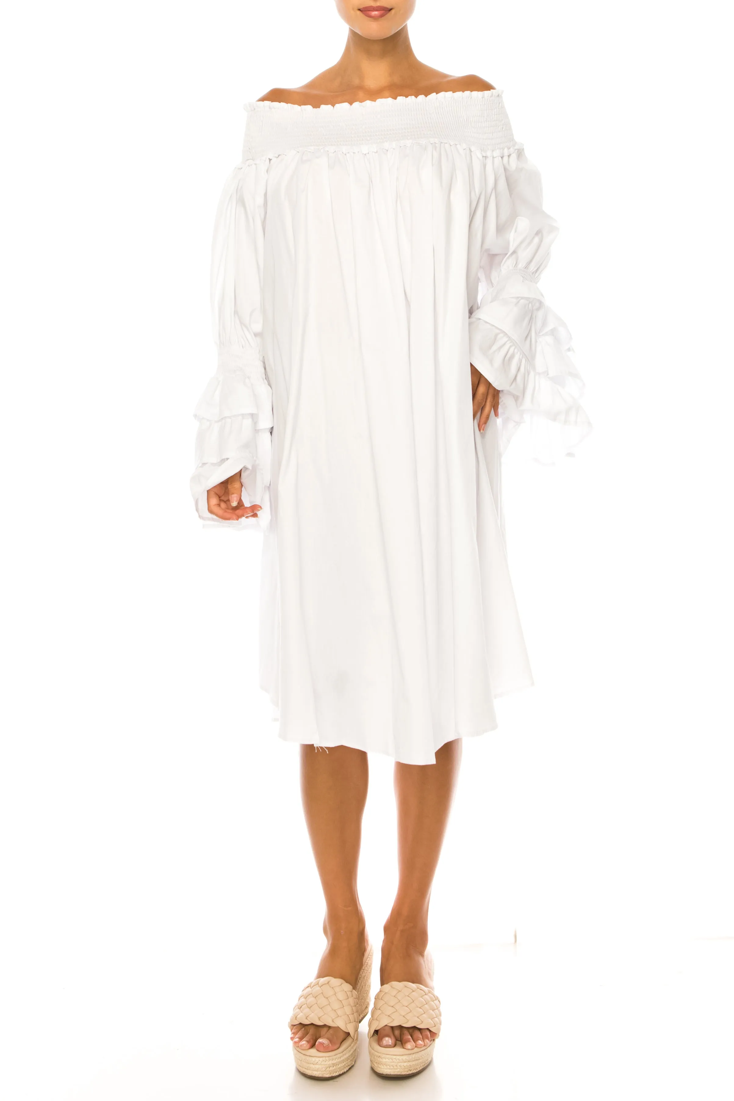 Vivid Tiered Sleeve Smocked Off the Shoulder Dress