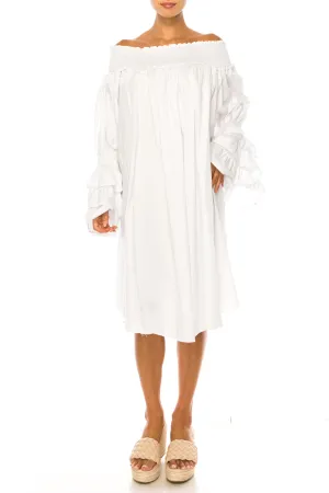 Vivid Tiered Sleeve Smocked Off the Shoulder Dress