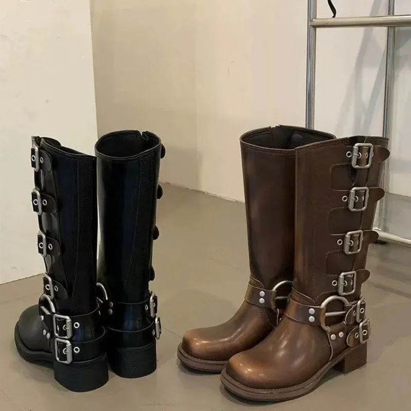 Western Buckle Mid Calf Boots