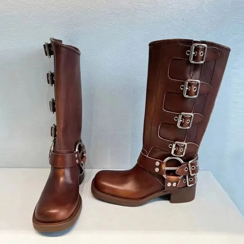 Western Buckle Mid Calf Boots