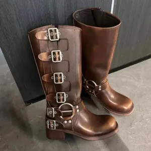Western Buckle Mid Calf Boots
