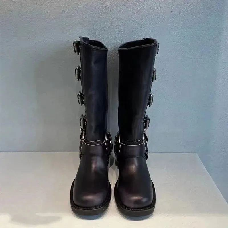 Western Buckle Mid Calf Boots