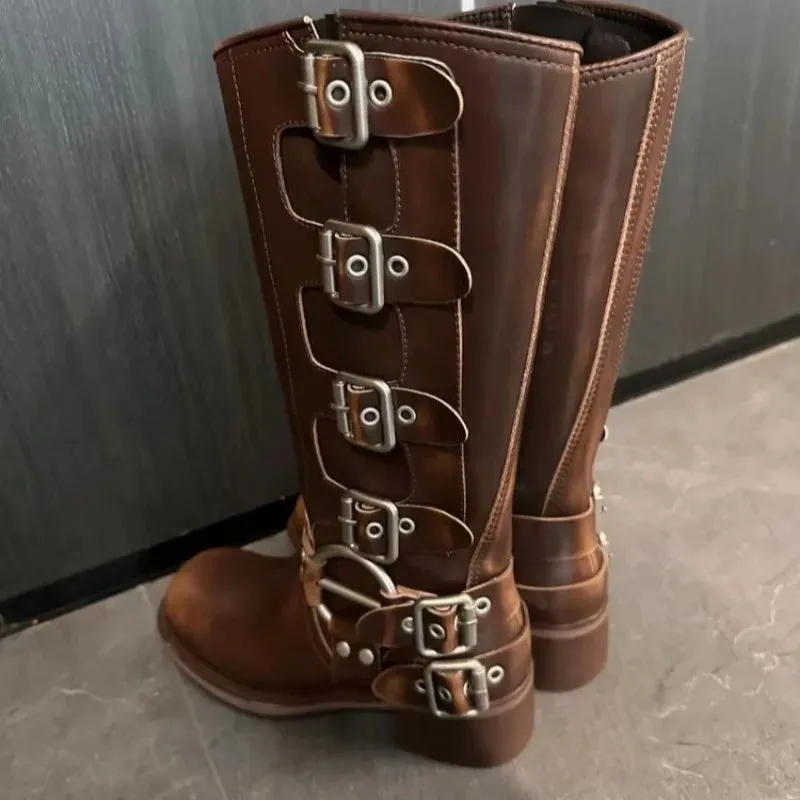 Western Buckle Mid Calf Boots