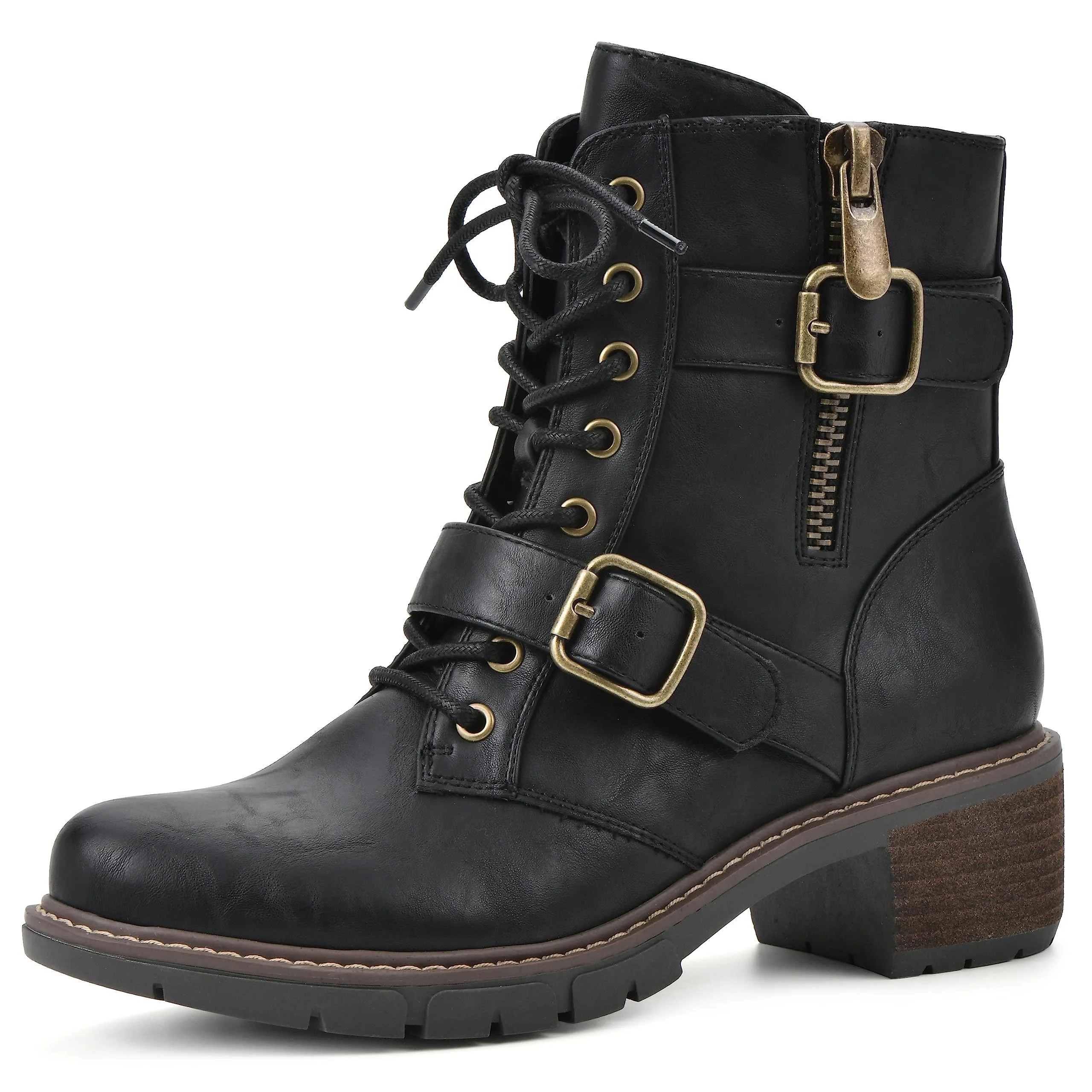 WHITE MOUNTAIN Women's Shoes Crank Block Heel Moto Boot, Black/Smooth, 8.5 M