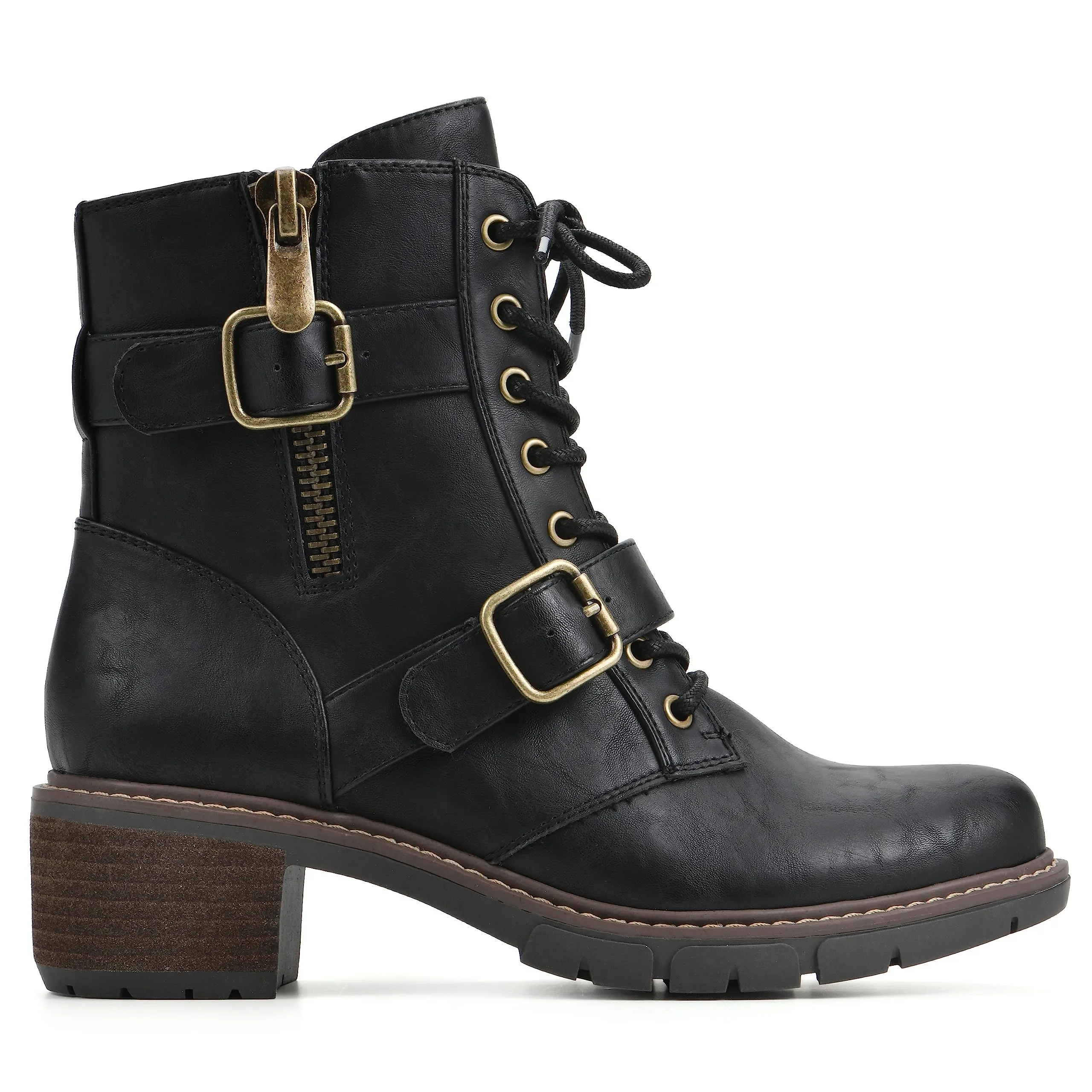 WHITE MOUNTAIN Women's Shoes Crank Block Heel Moto Boot, Black/Smooth, 8.5 M