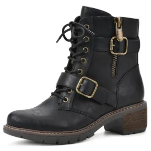 WHITE MOUNTAIN Women's Shoes Crank Block Heel Moto Boot, Black/Smooth, 8.5 M