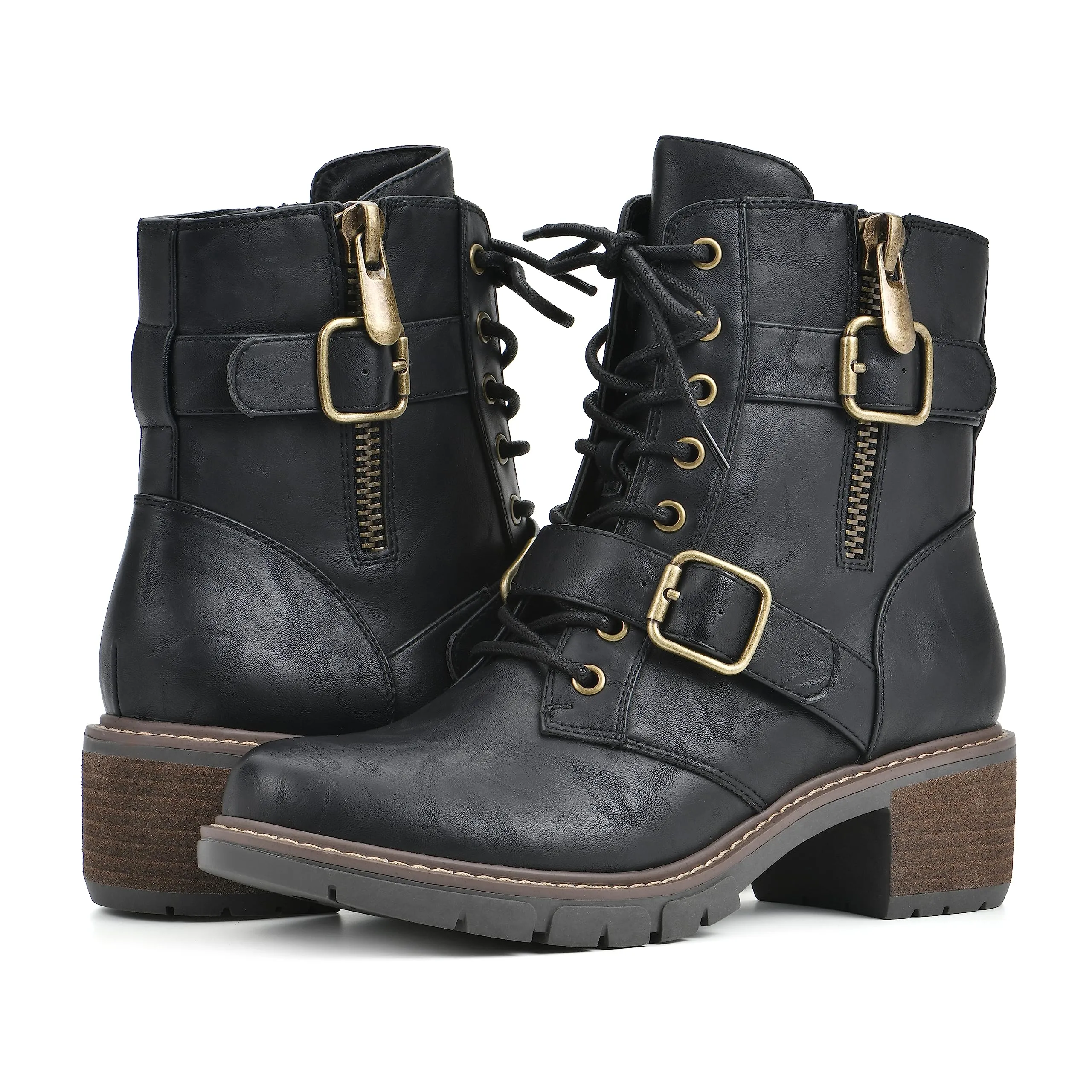 WHITE MOUNTAIN Women's Shoes Crank Block Heel Moto Boot, Black/Smooth, 8.5 M