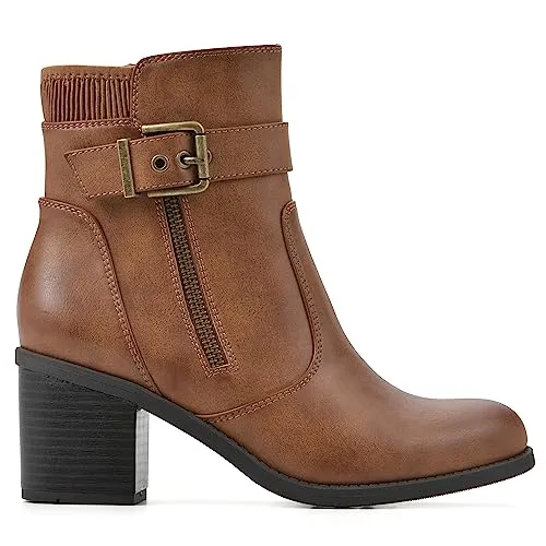 WHITE MOUNTAIN Women's Shoes Dessert Block Heel Bootie, Dk.Tan/Smooth, 6.5 M