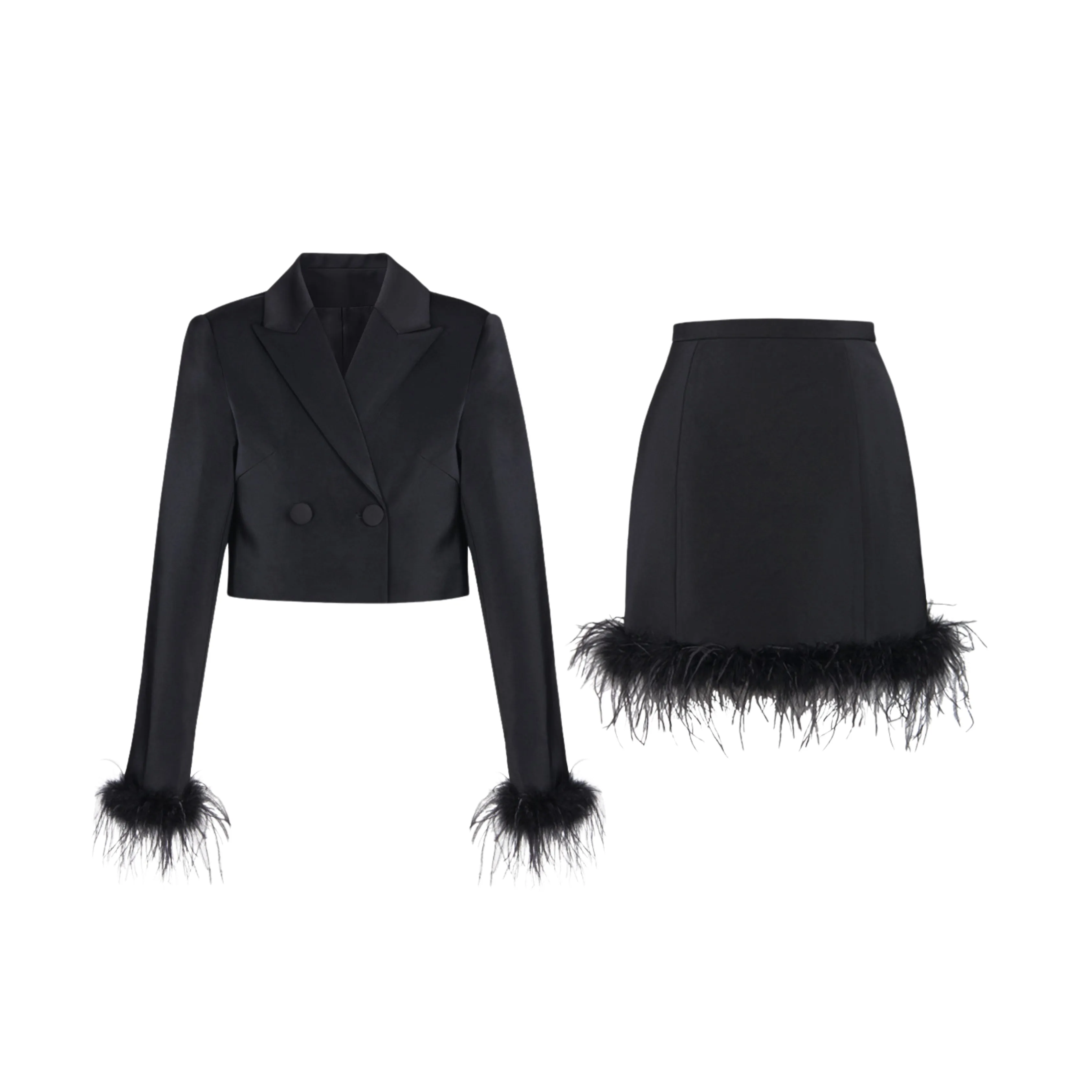 Whitney Feather Trim Cropped Blazer & Mini Skirt Set