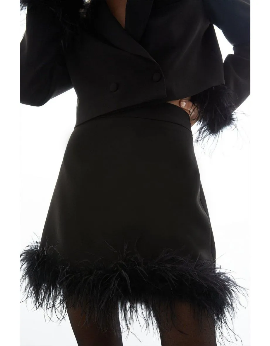 Whitney Feather Trim Cropped Blazer & Mini Skirt Set