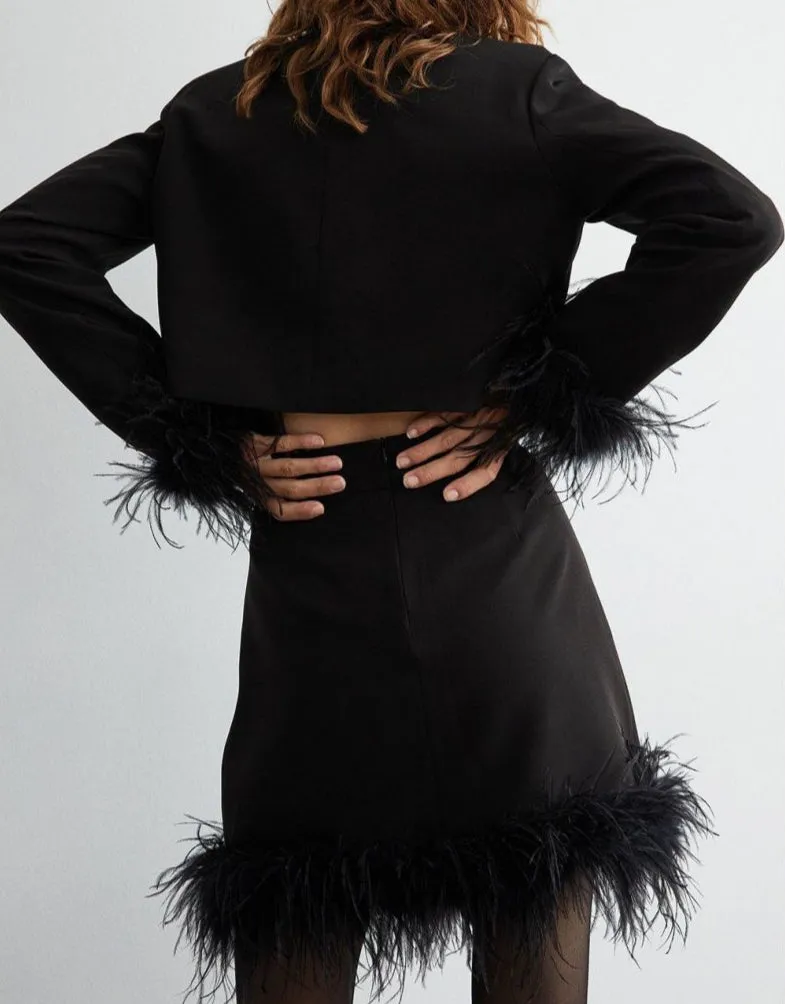 Whitney Feather Trim Cropped Blazer & Mini Skirt Set