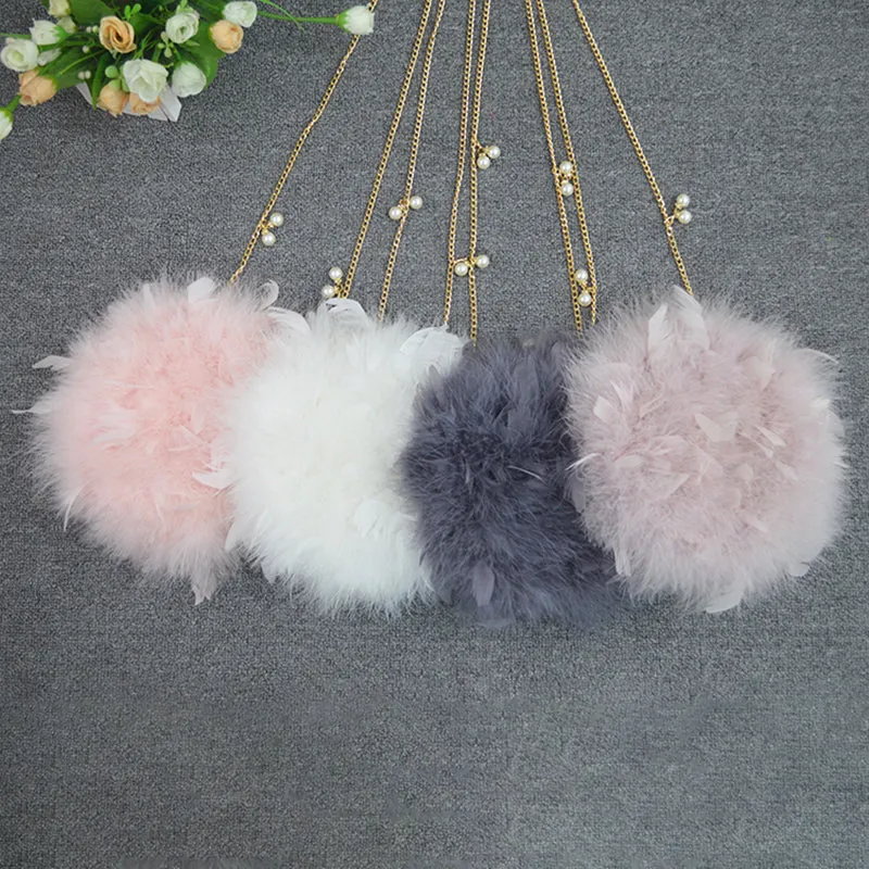 Women Ostrich Feather Bag Pearl Chain Shoulder Bag Purse Tote Clutch Bag