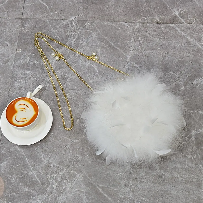 Women Ostrich Feather Bag Pearl Chain Shoulder Bag Purse Tote Clutch Bag