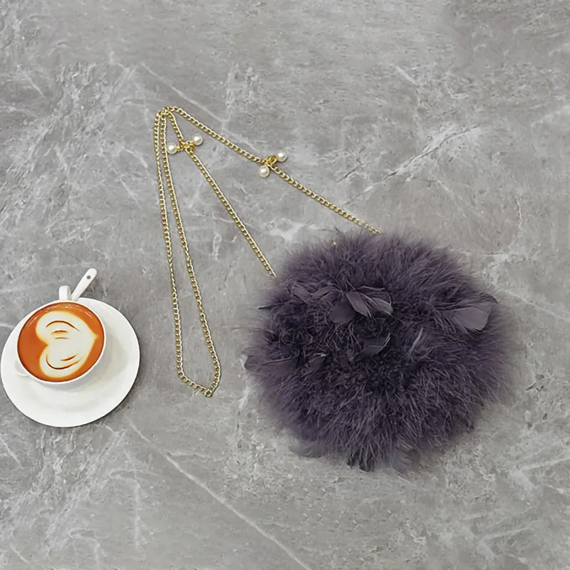 Women Ostrich Feather Bag Pearl Chain Shoulder Bag Purse Tote Clutch Bag