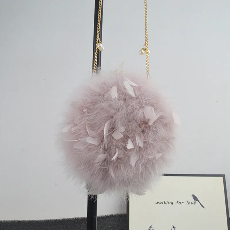 Women Ostrich Feather Bag Pearl Chain Shoulder Bag Purse Tote Clutch Bag