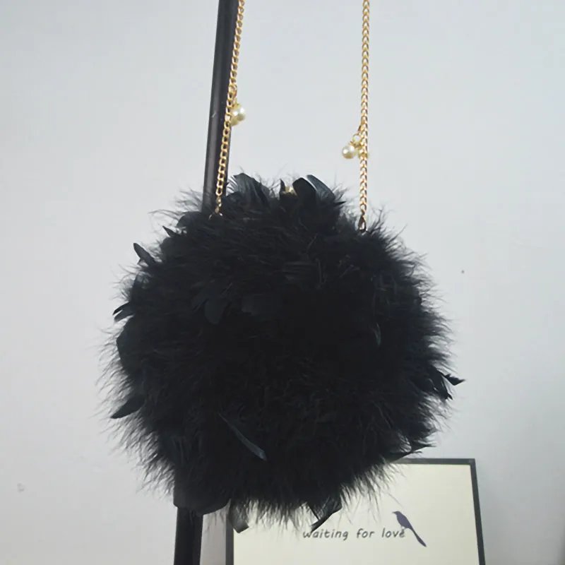 Women Ostrich Feather Bag Pearl Chain Shoulder Bag Purse Tote Clutch Bag