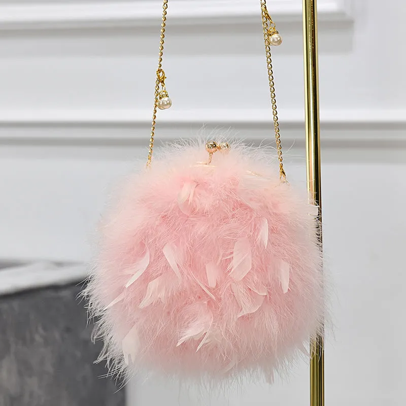 Women Ostrich Feather Bag Pearl Chain Shoulder Bag Purse Tote Clutch Bag
