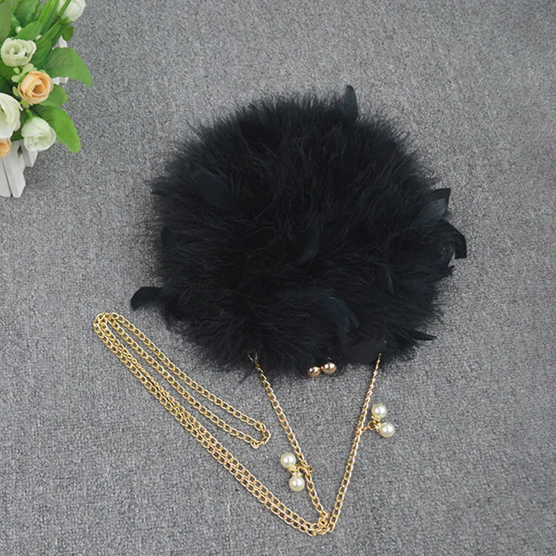 Women Ostrich Feather Bag Pearl Chain Shoulder Bag Purse Tote Clutch Bag
