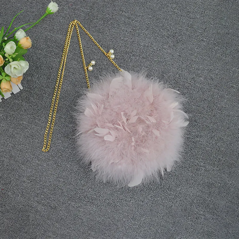 Women Ostrich Feather Bag Pearl Chain Shoulder Bag Purse Tote Clutch Bag