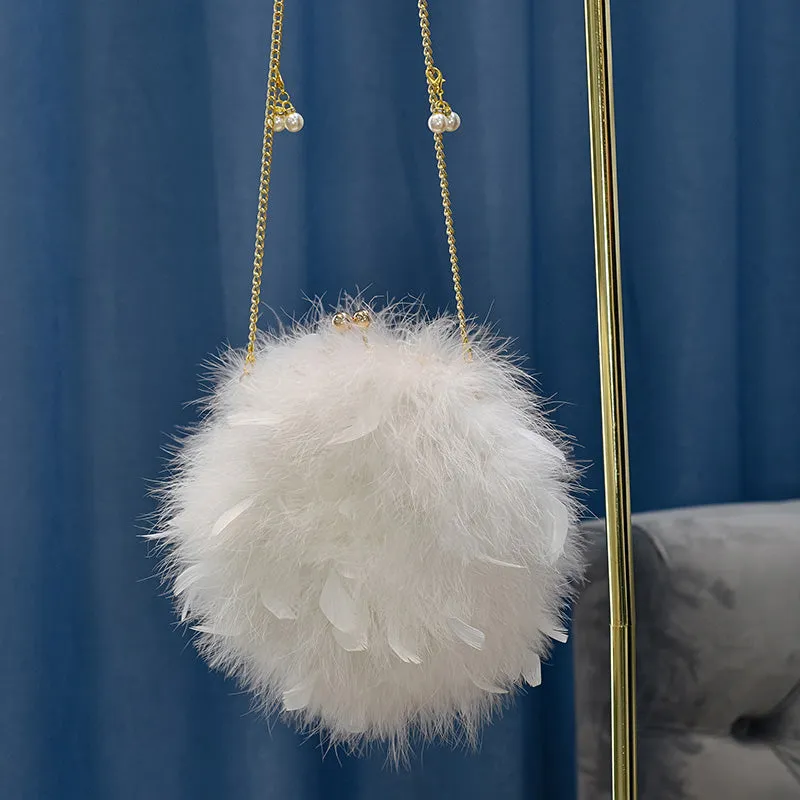 Women Ostrich Feather Bag Pearl Chain Shoulder Bag Purse Tote Clutch Bag