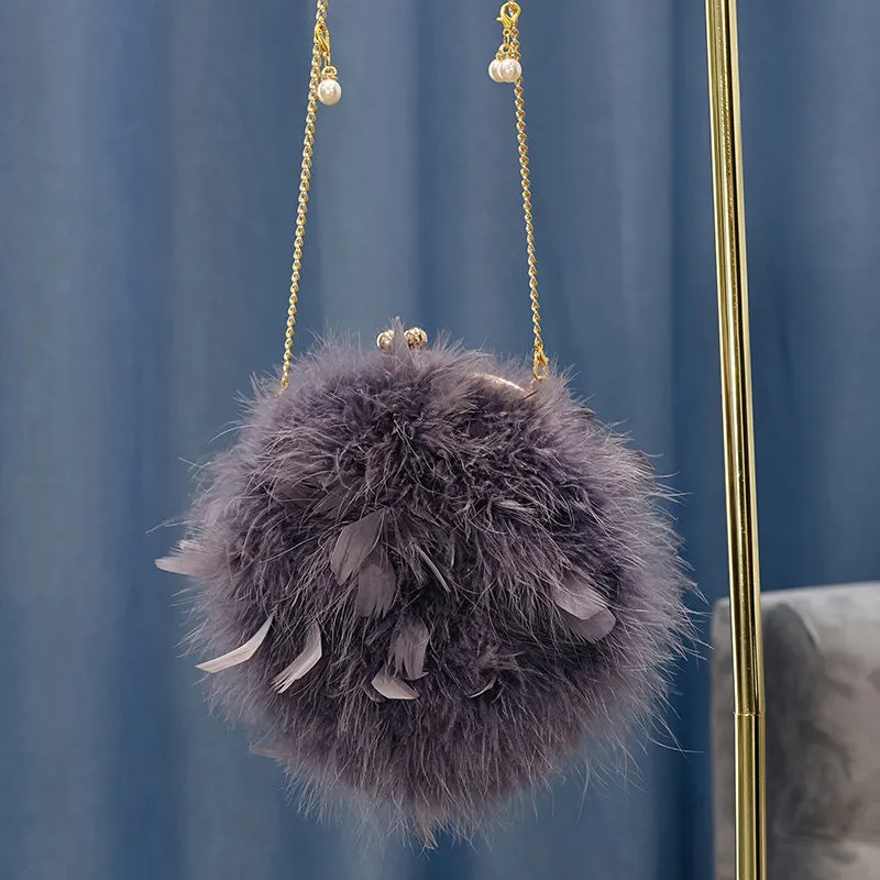 Women Ostrich Feather Bag Pearl Chain Shoulder Bag Purse Tote Clutch Bag