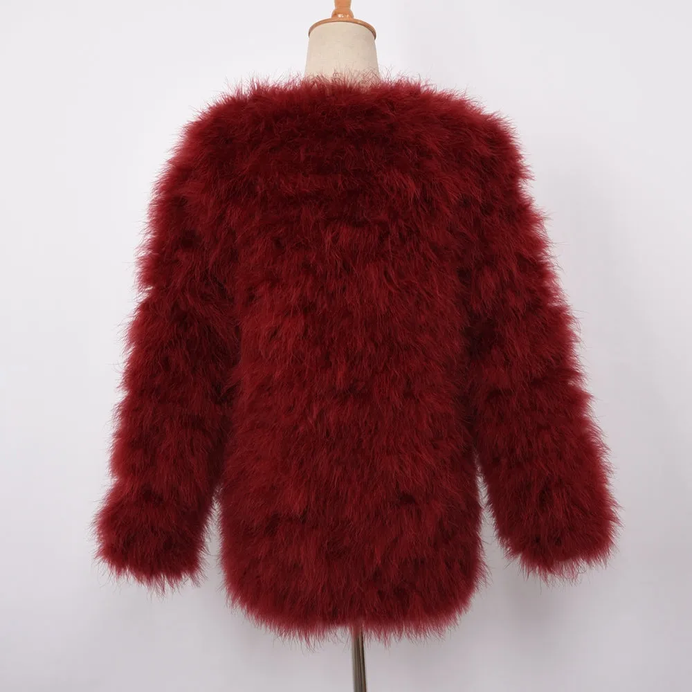 Women Real Fur Coat Long Style Genuine Ostrich Feather Fur Jacket Wine Red