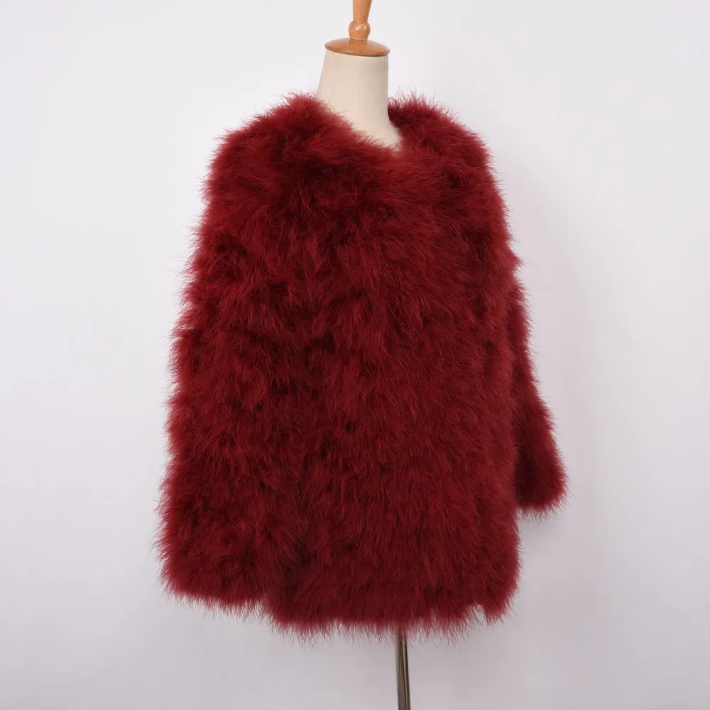 Women Real Fur Coat Long Style Genuine Ostrich Feather Fur Jacket Wine Red