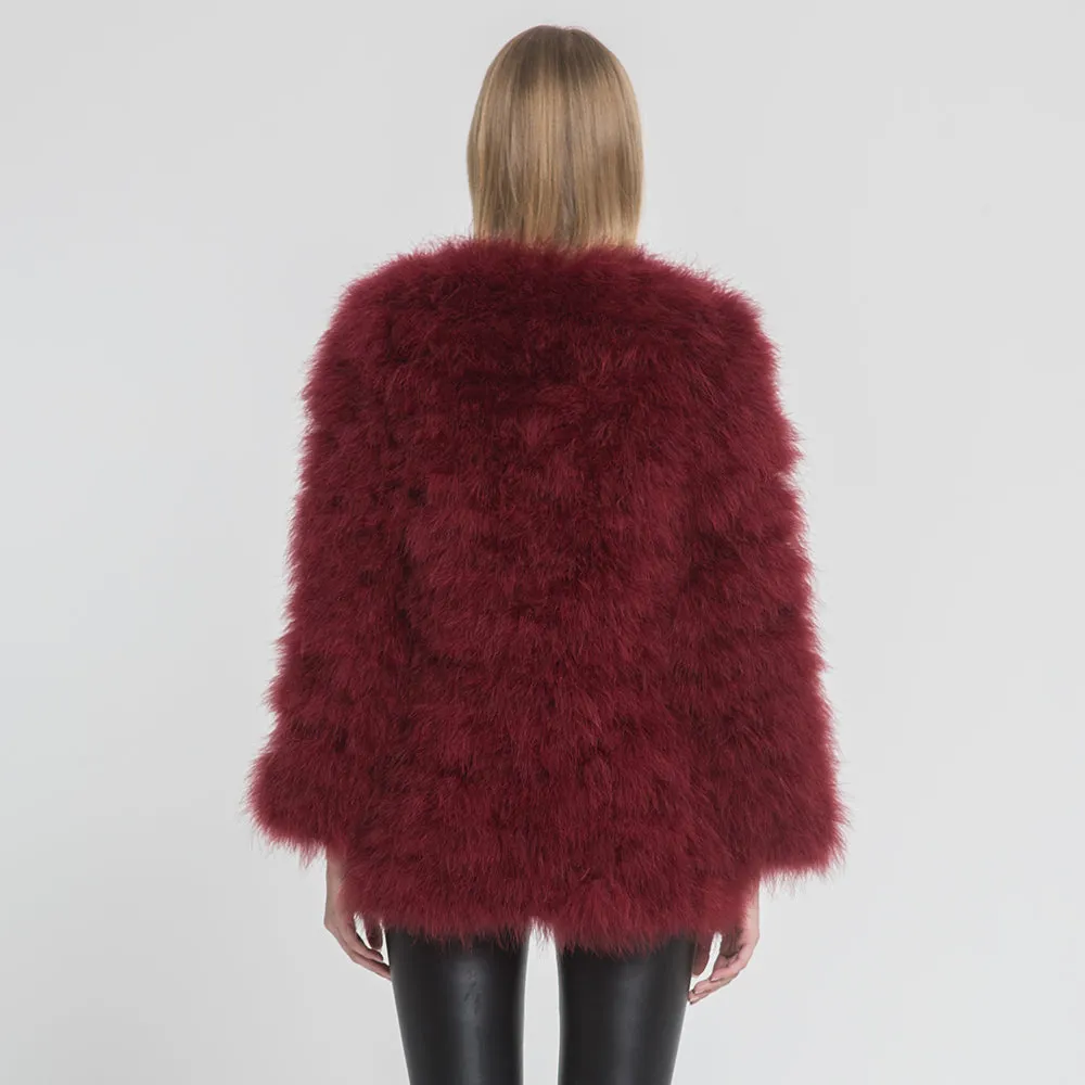 Women Real Fur Coat Long Style Genuine Ostrich Feather Fur Jacket Wine Red