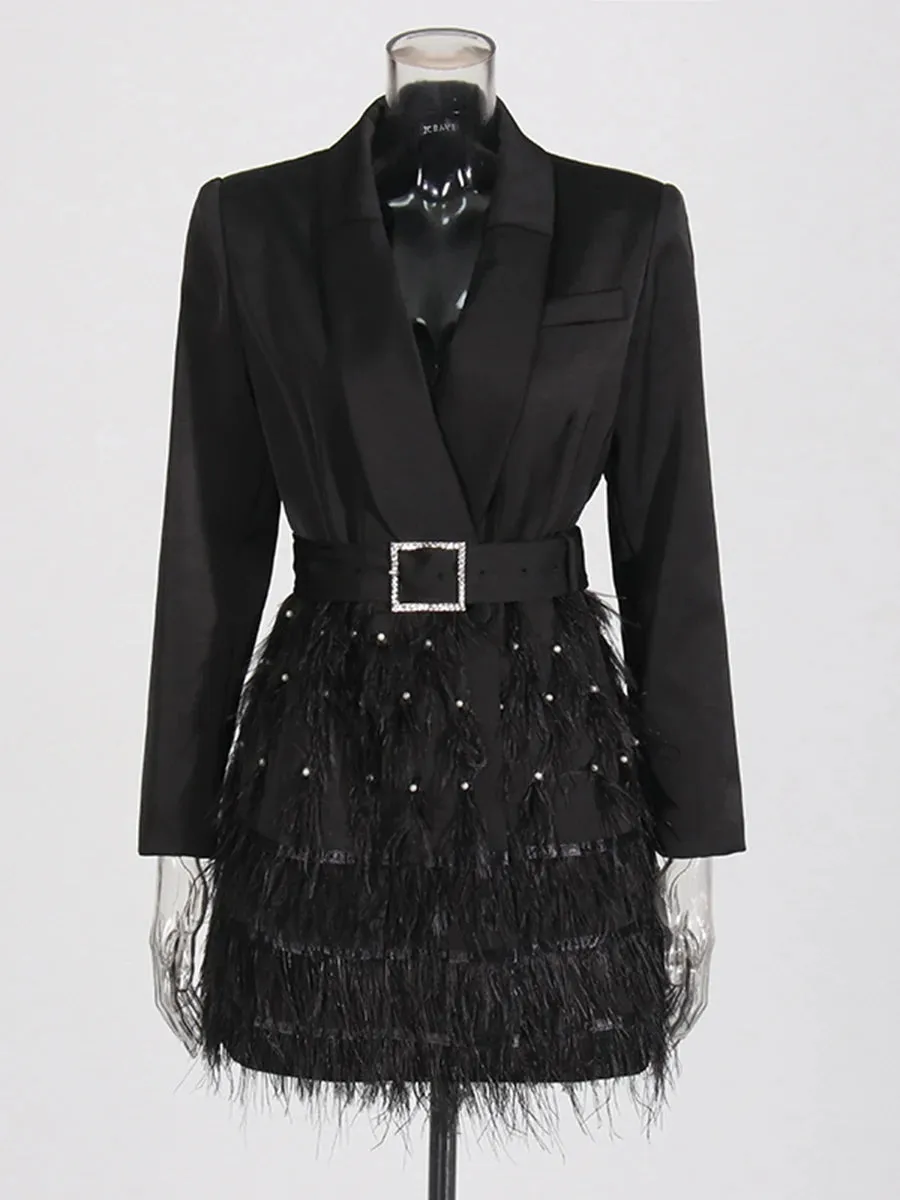 Women Woven Long Sleeve Patchwork Feather Formal Dress