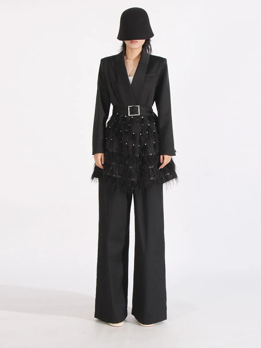 Women Woven Long Sleeve Patchwork Feather Formal Dress