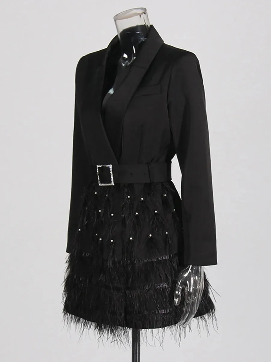 Women Woven Long Sleeve Patchwork Feather Formal Dress
