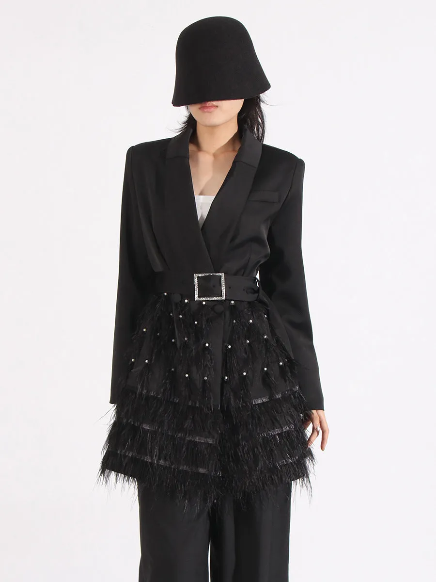 Women Woven Long Sleeve Patchwork Feather Formal Dress