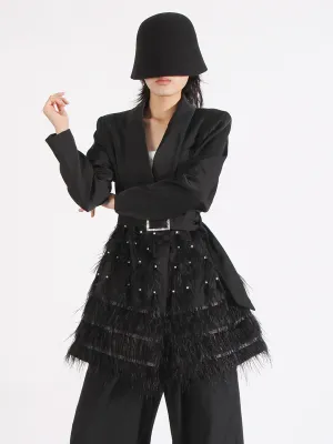 Women Woven Long Sleeve Patchwork Feather Formal Dress