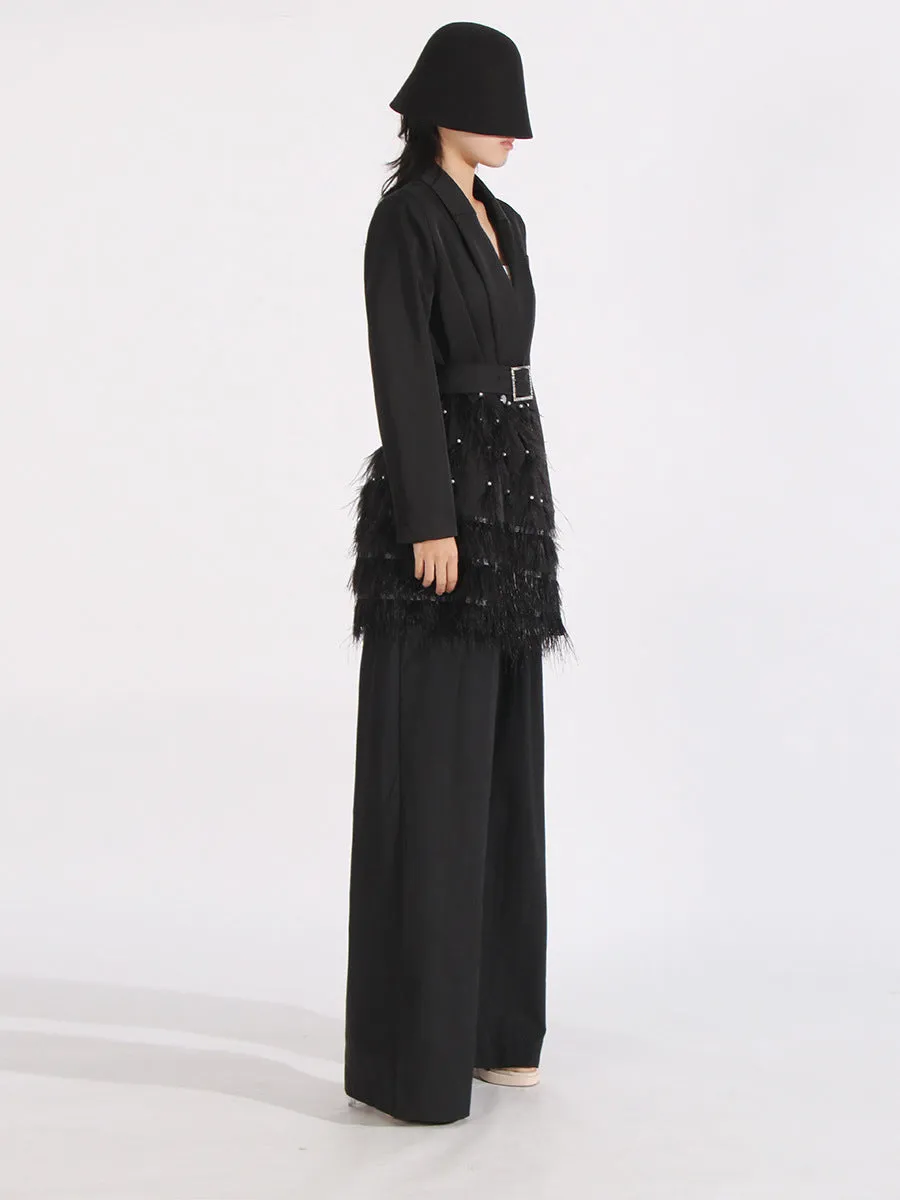 Women Woven Long Sleeve Patchwork Feather Formal Dress