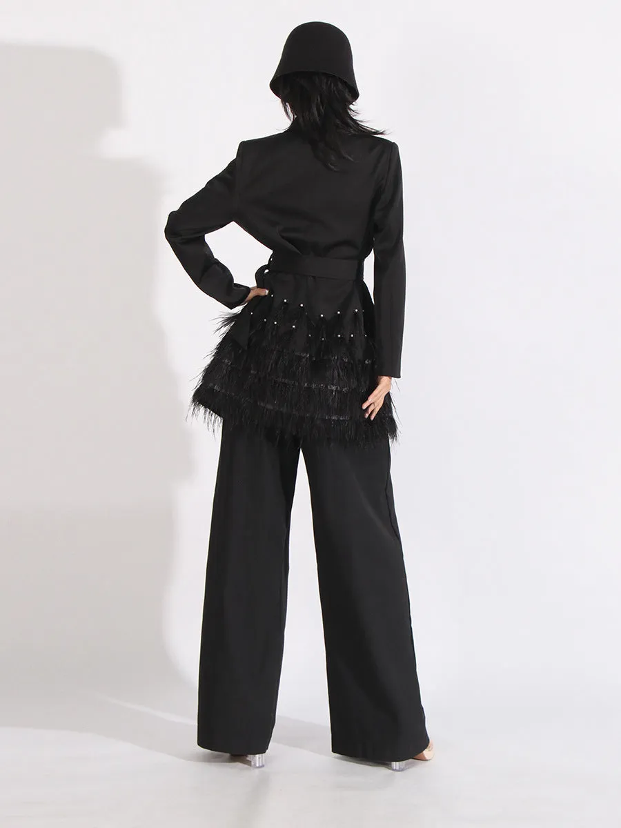 Women Woven Long Sleeve Patchwork Feather Formal Dress