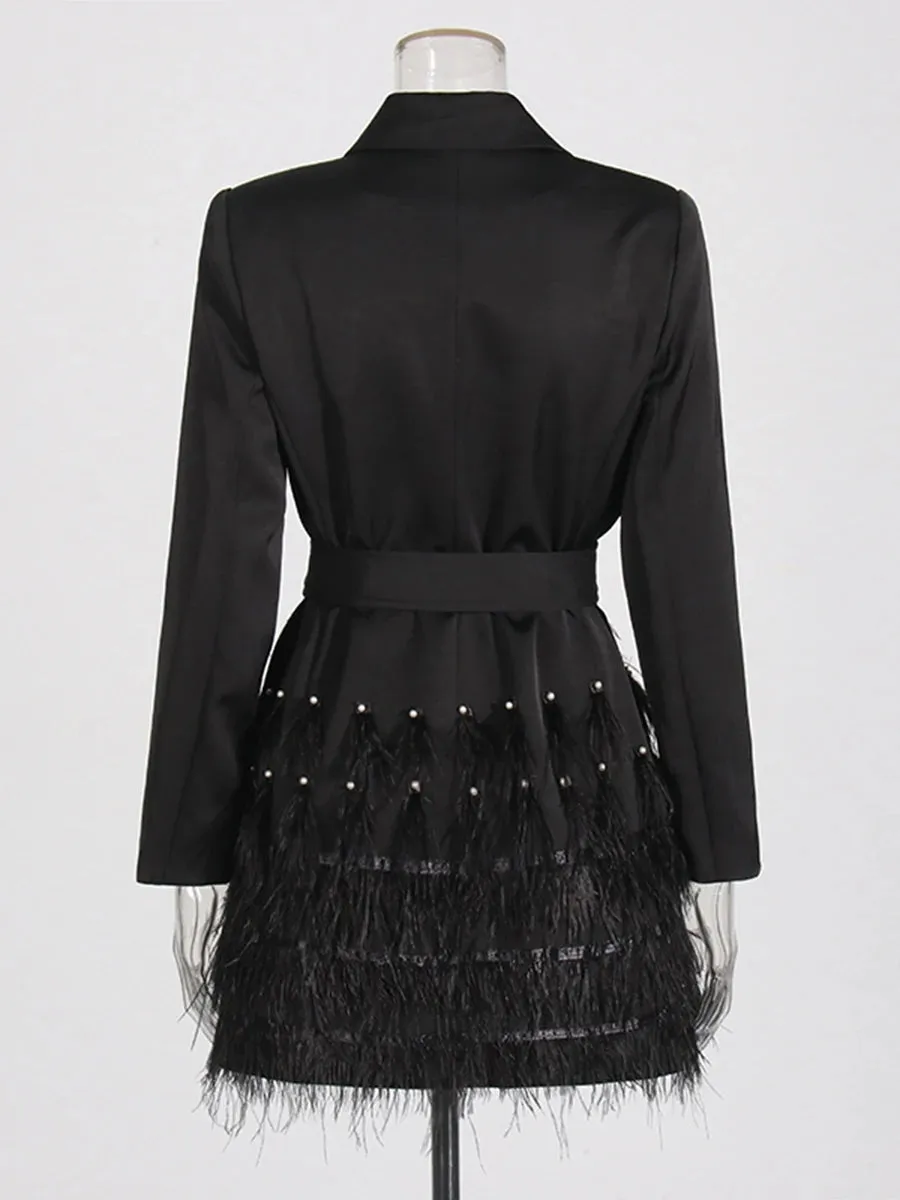 Women Woven Long Sleeve Patchwork Feather Formal Dress